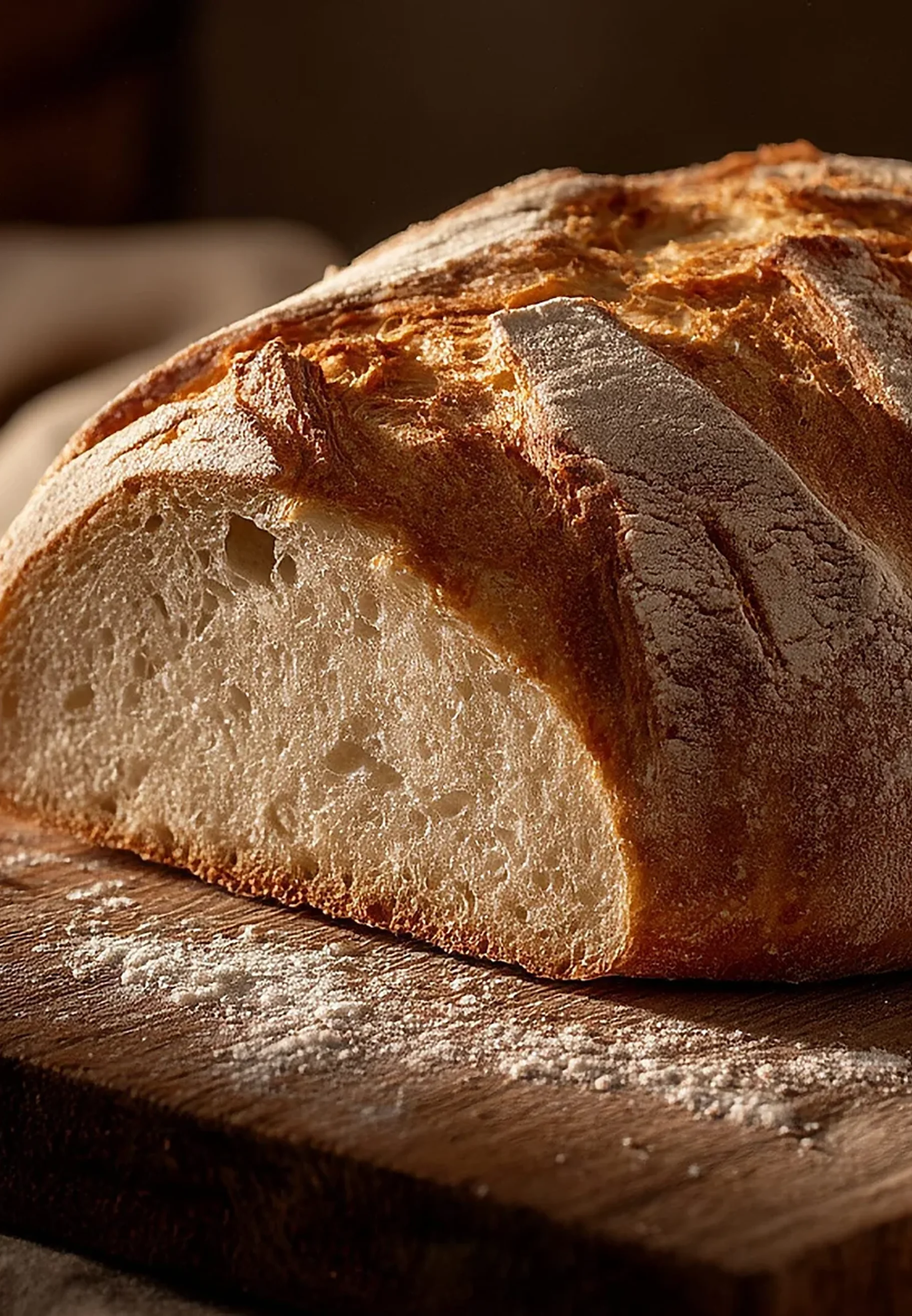 Rustic crusty artisan loaf on wooden board