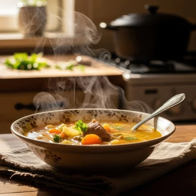 Steaming bowl of vegetable soup with spoon